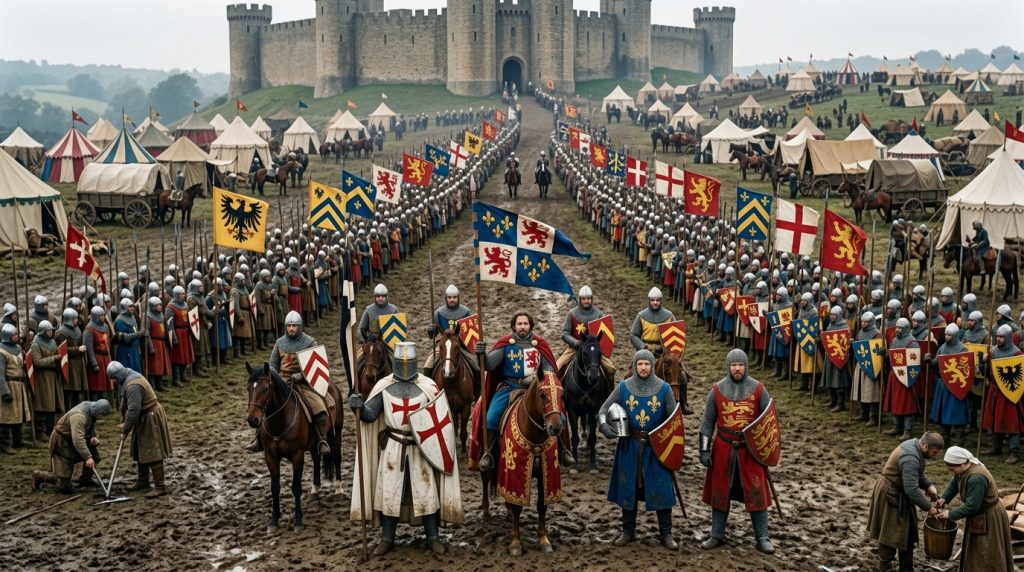 Medieval army identified by distinctive heraldic banners