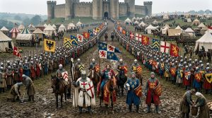 Medieval army identified by distinctive heraldic banners